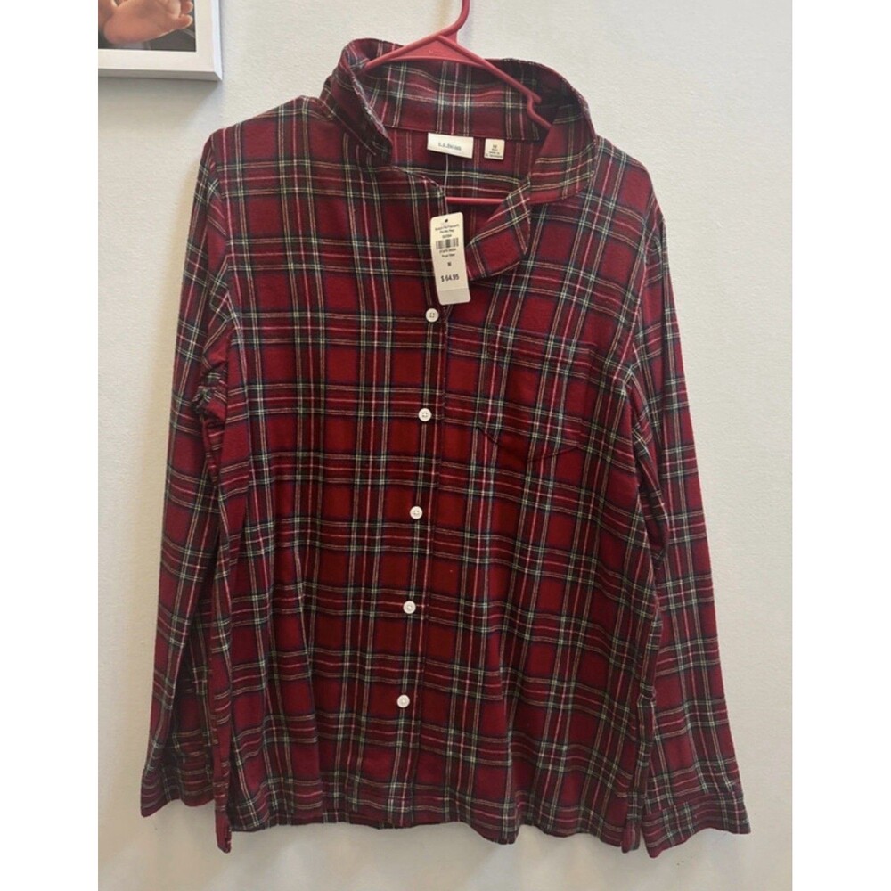 NWT L.L. Bean Scotch Plaid Flannel Pajama Top Women's M Royal Stewart Red Lounge